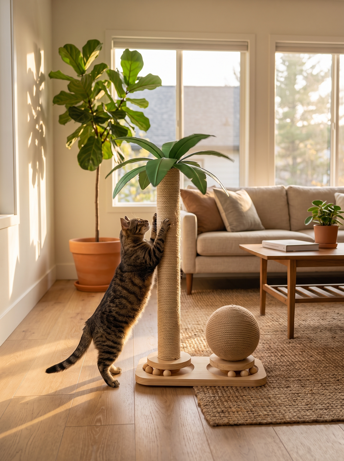 Cat stretched tall scratching the sisal trunk of the palm tree post