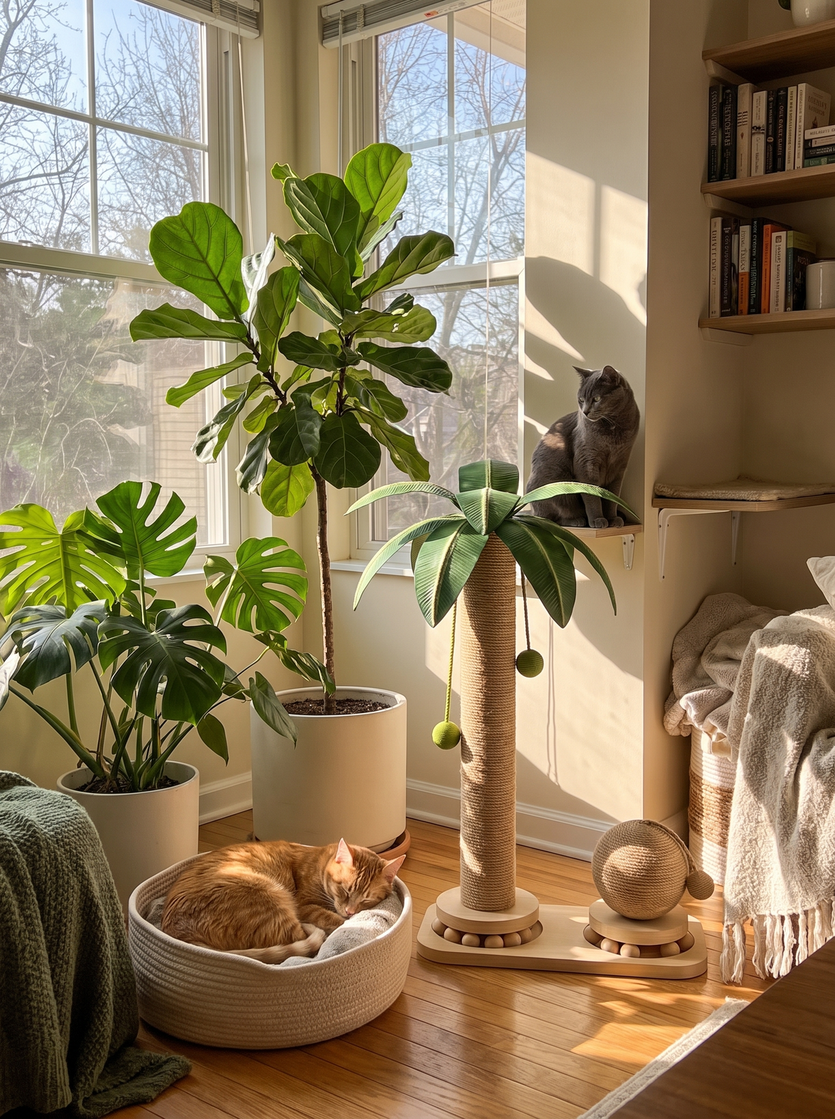Palm tree scratching post in a warm home corner among houseplants