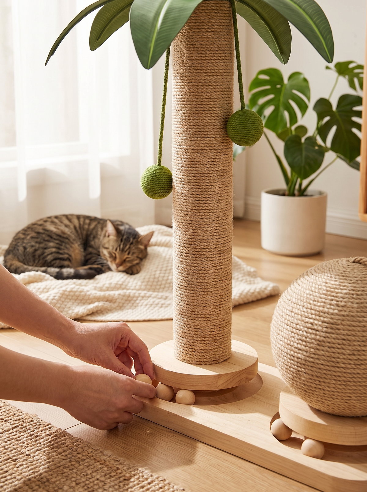 Close-up of natural sisal rope wrapping and solid wood base