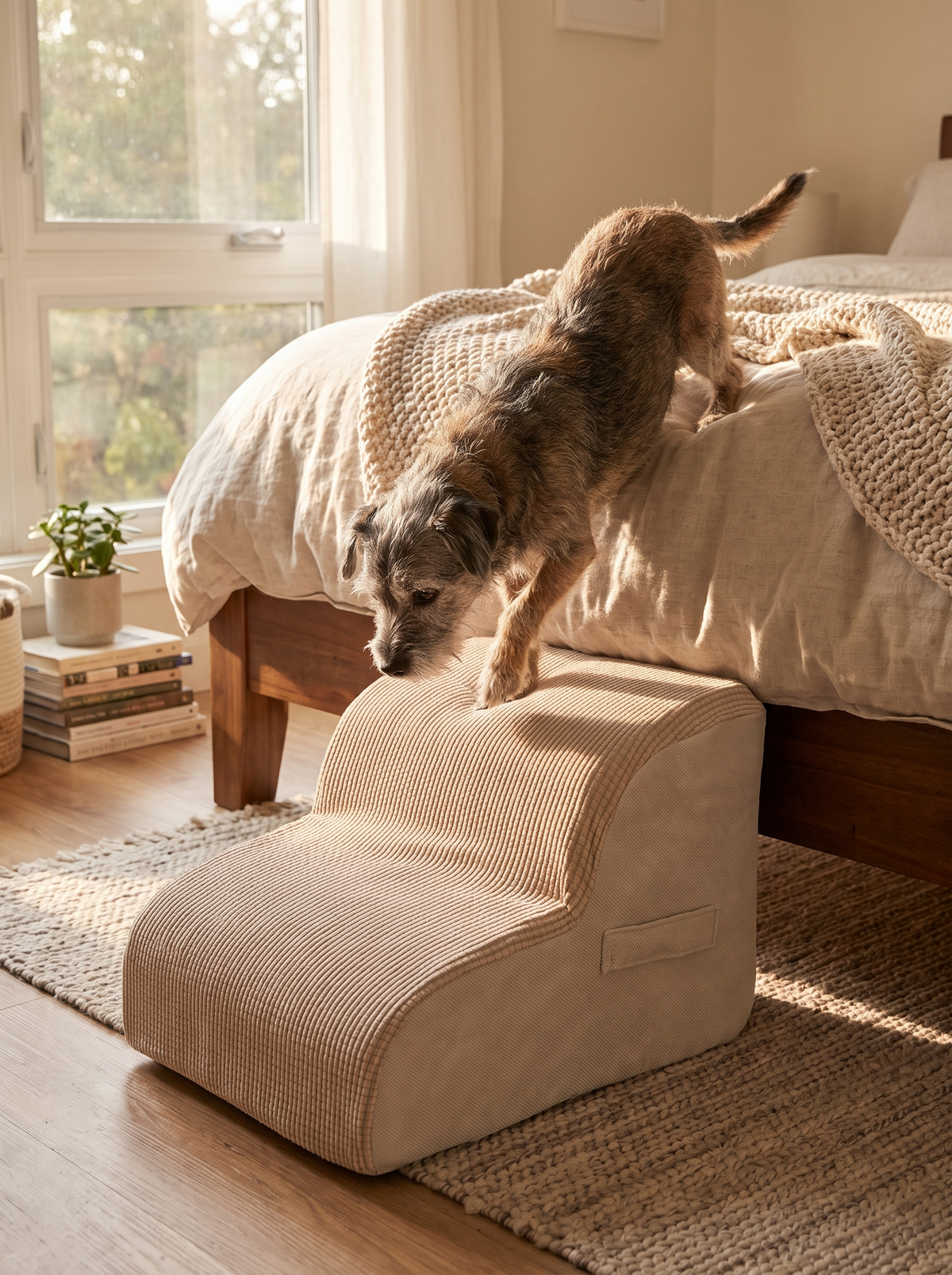 Older terrier climbing the three pet steps onto a high bed