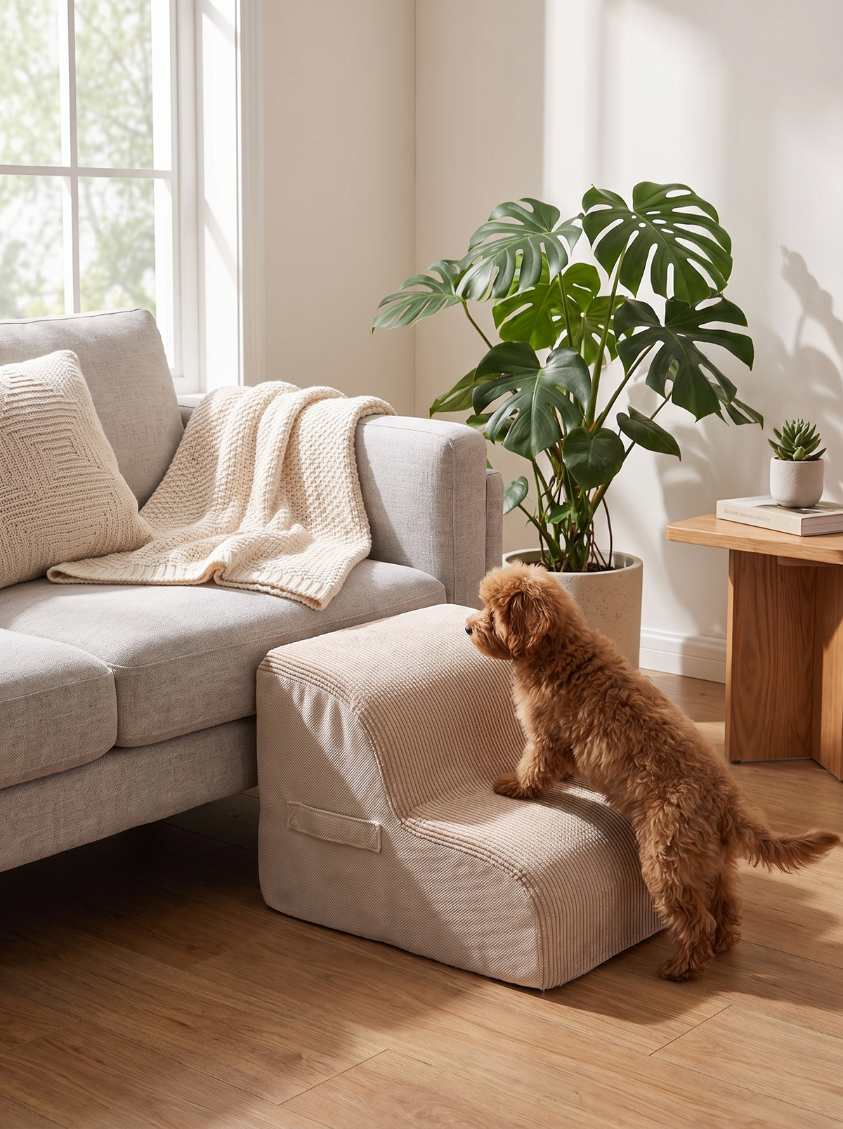 Pet stairs tucked neatly beside a sofa in a warm living room