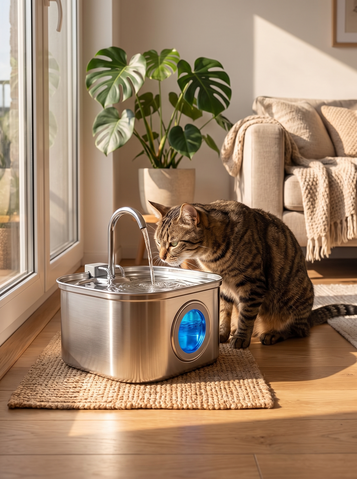 Cat drinking from the flowing stainless steel water fountain