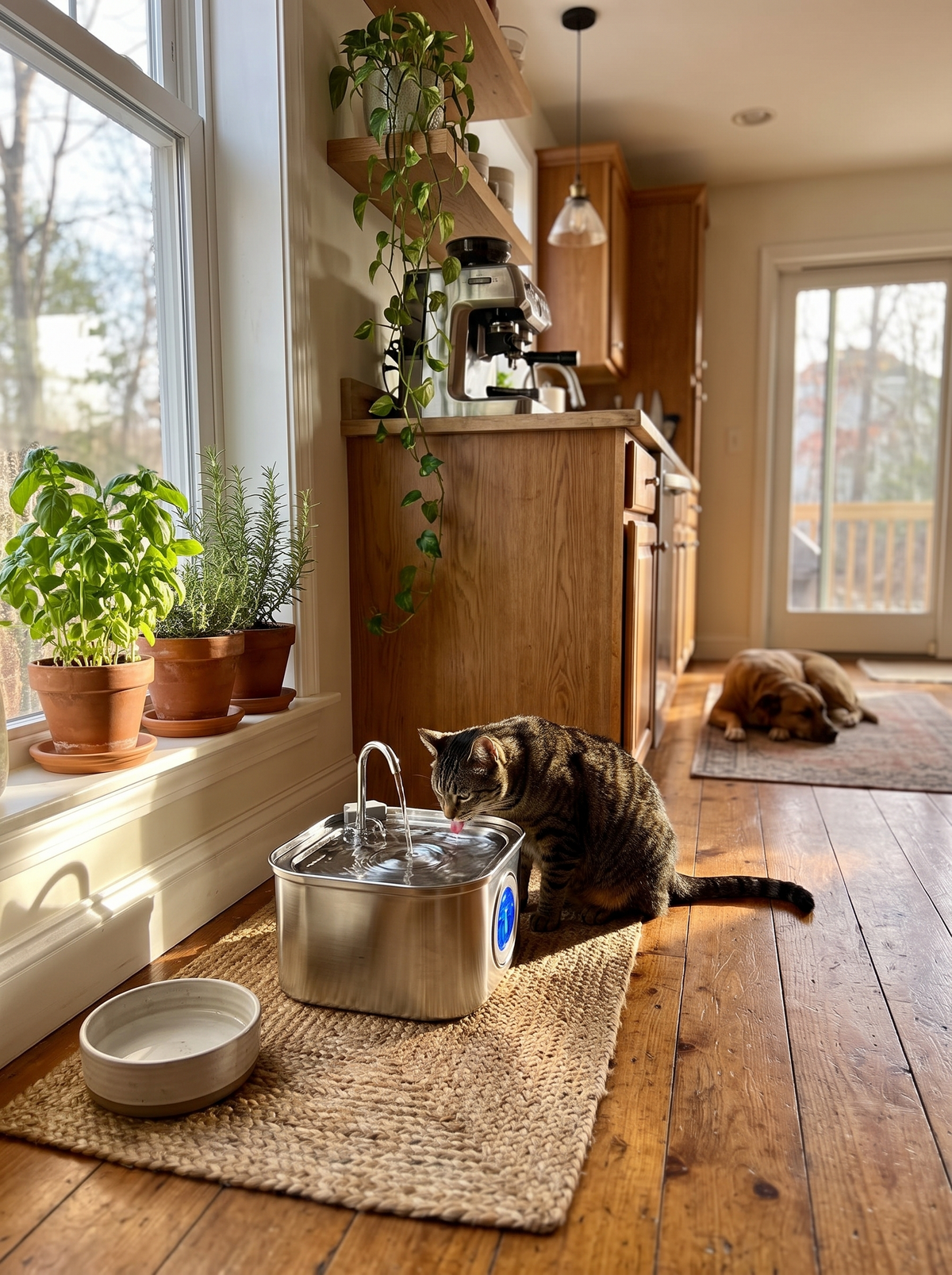 Water fountain in a warm kitchen corner near a window