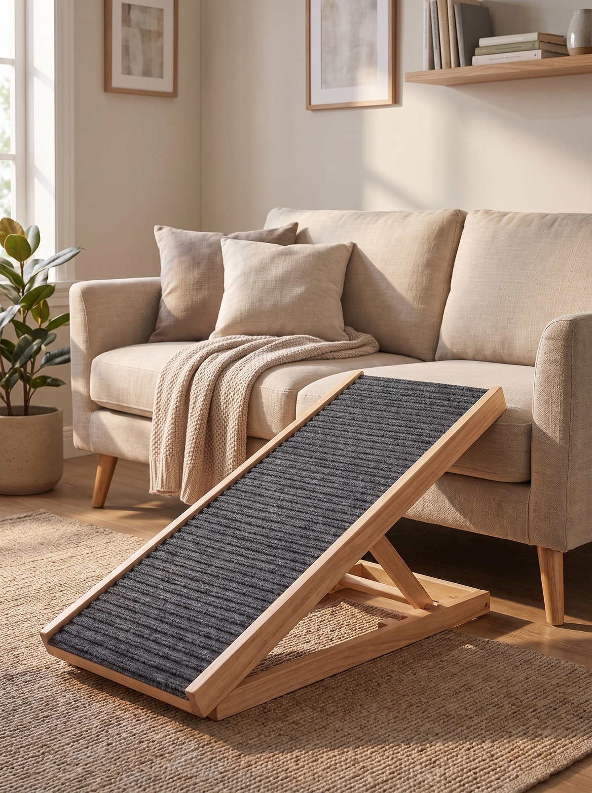 Wooden dog ramp resting against a sofa in a warm living room