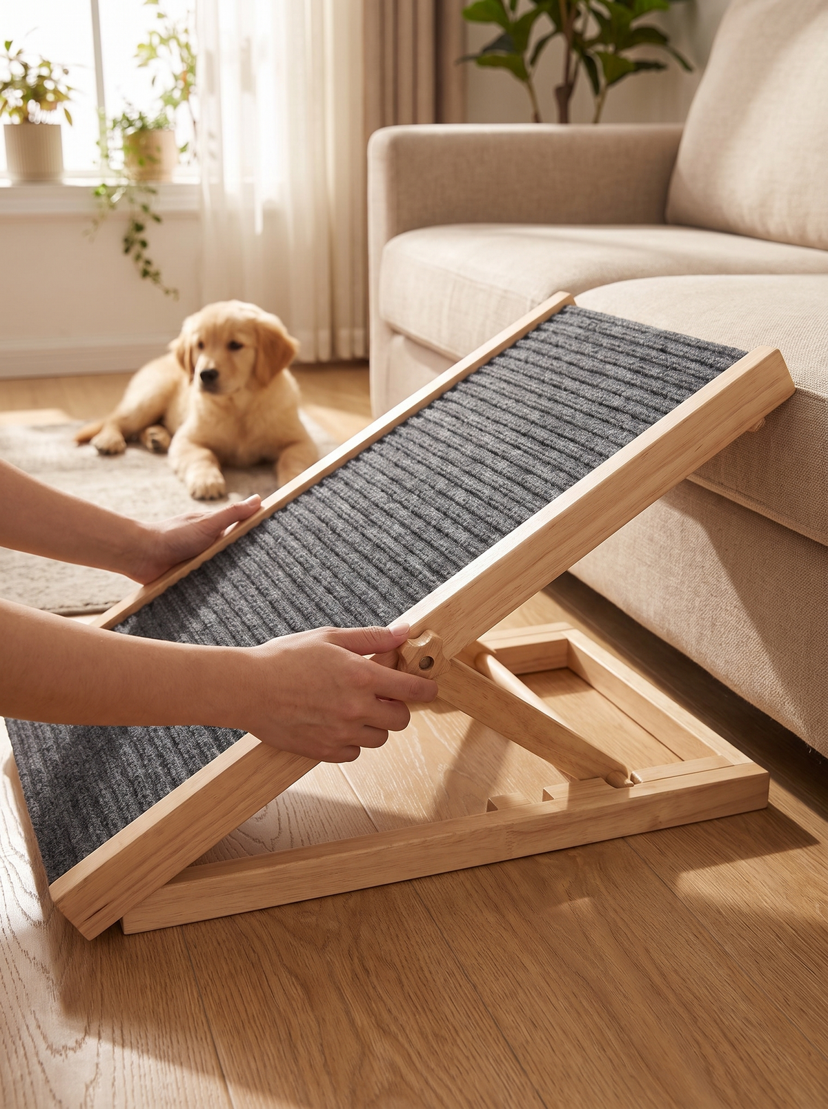 Close-up of non-slip carpet surface and folding frame height adjustment