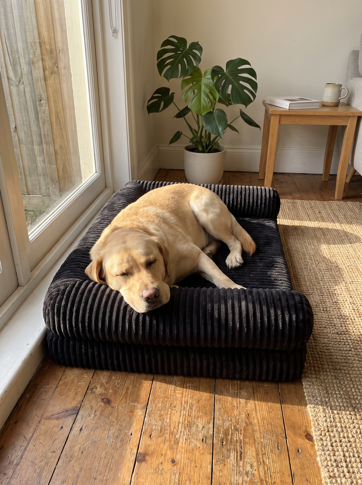 Labrador sound asleep on the orthopedic memory foam bed