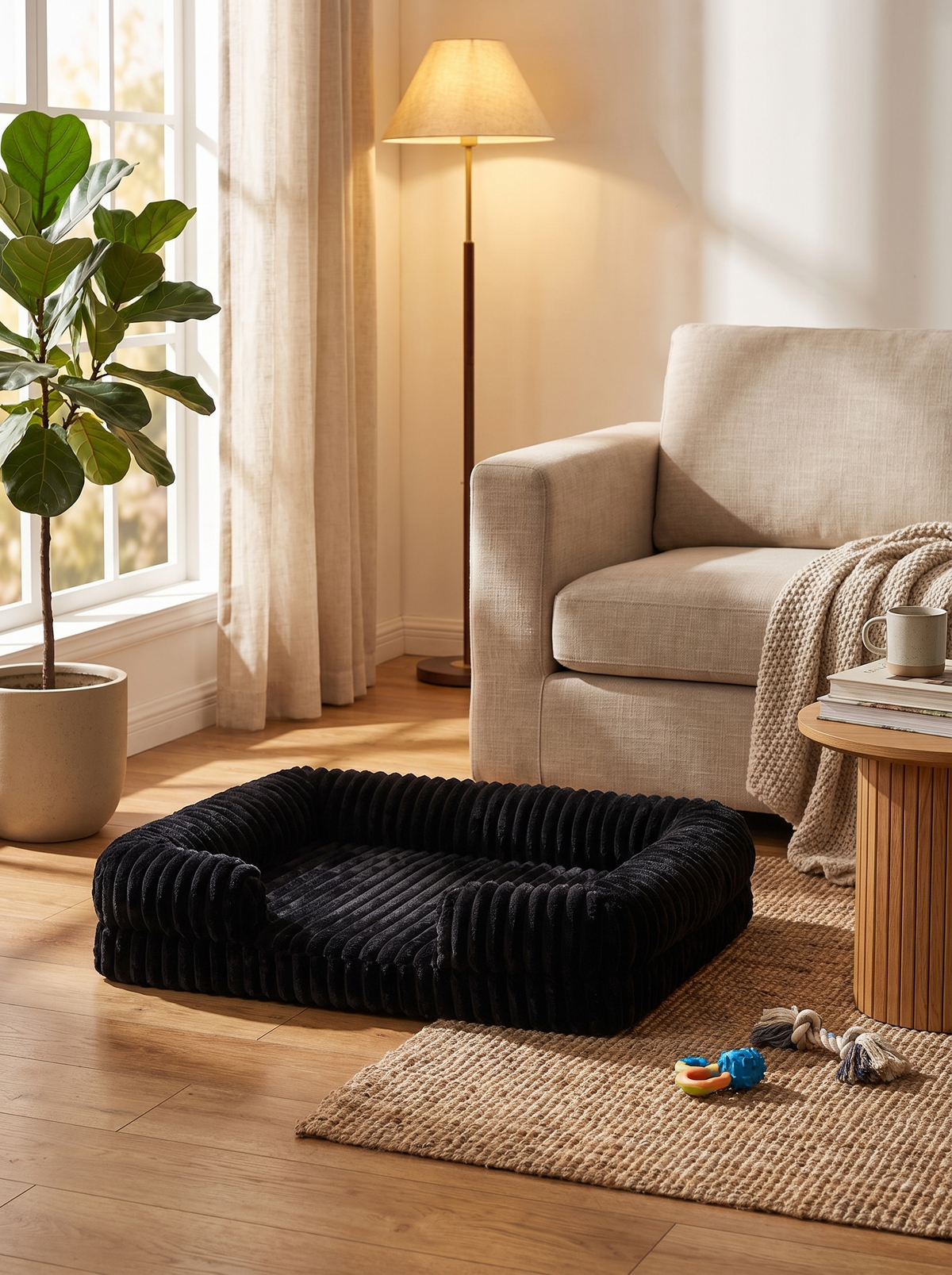 Large dog bed beside a sofa and floor lamp in a warm living room