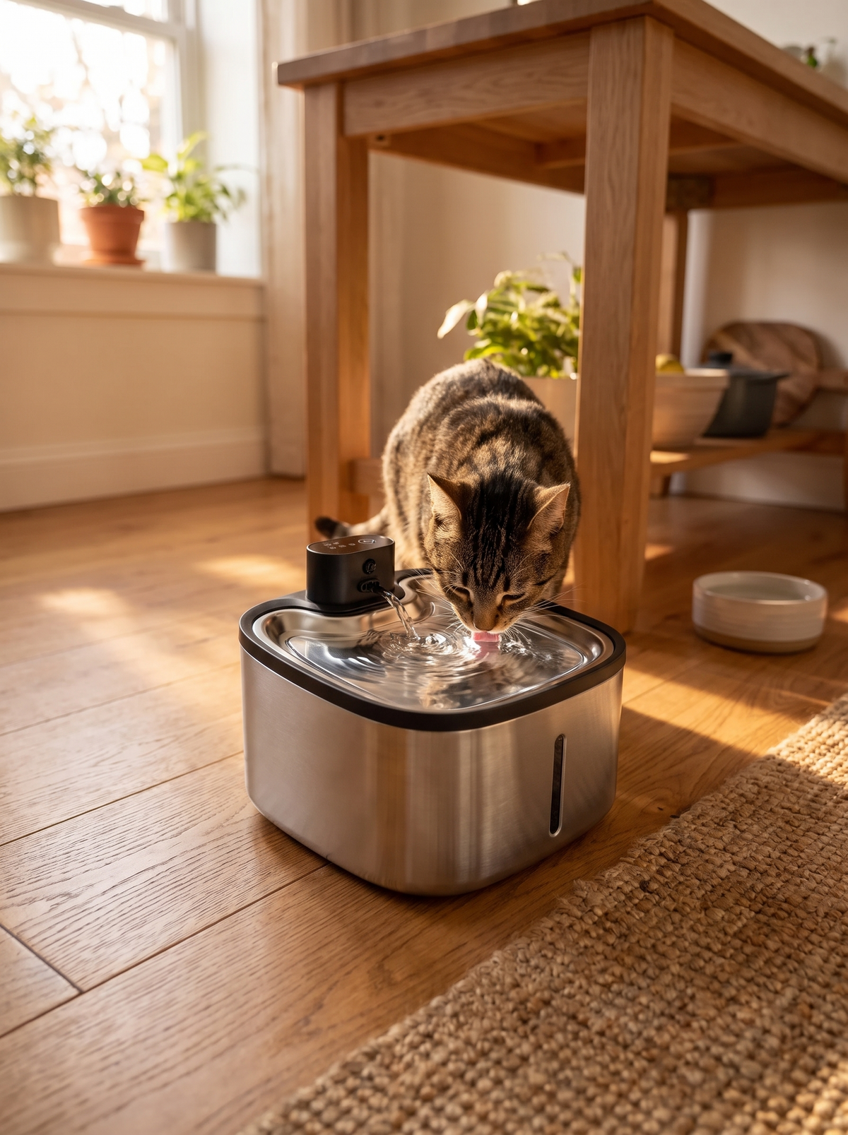 Cordless cat water fountain on a kitchen floor with no cable