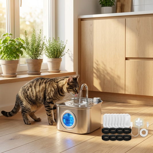 Cat drinking from stainless steel water fountain in modern kitchen