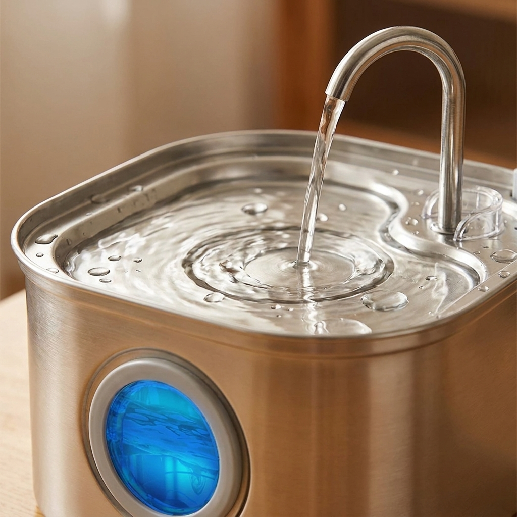 Close-up of flowing water on stainless steel cat fountain