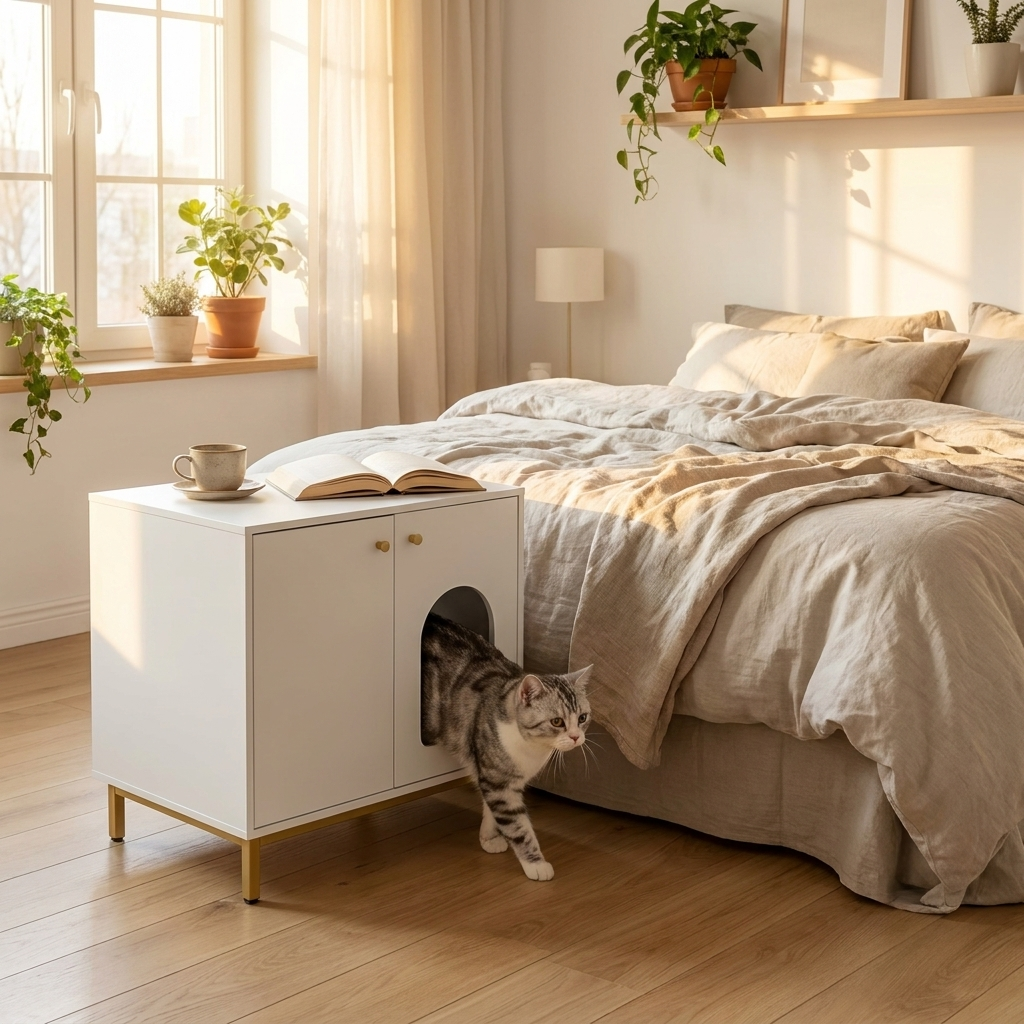 Litter enclosure side table in bright bedroom with cat
