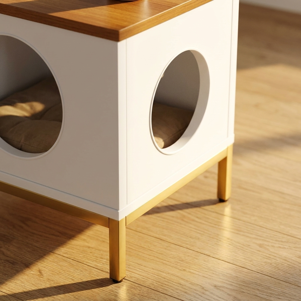 Close-up of side table cat entrance and wooden legs