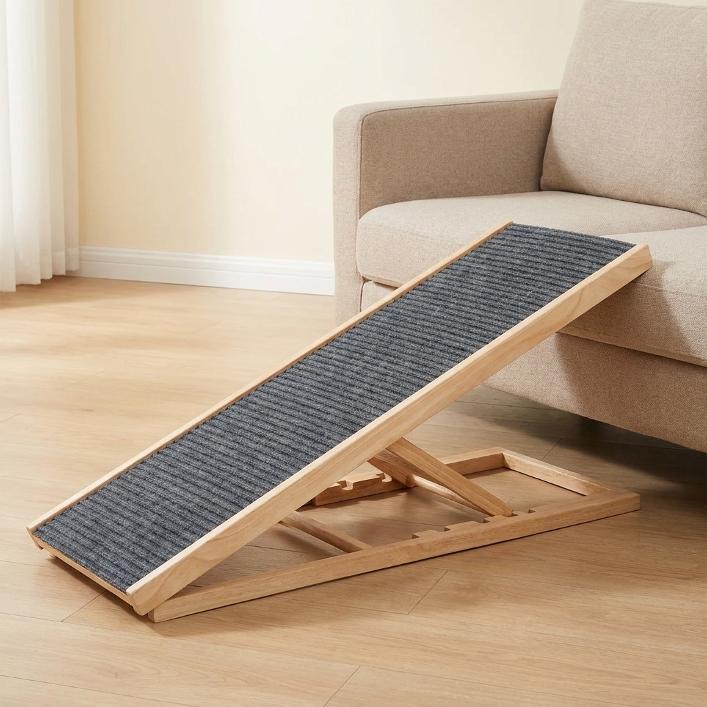 Adjustable folding wooden dog ramp with non-slip carpet