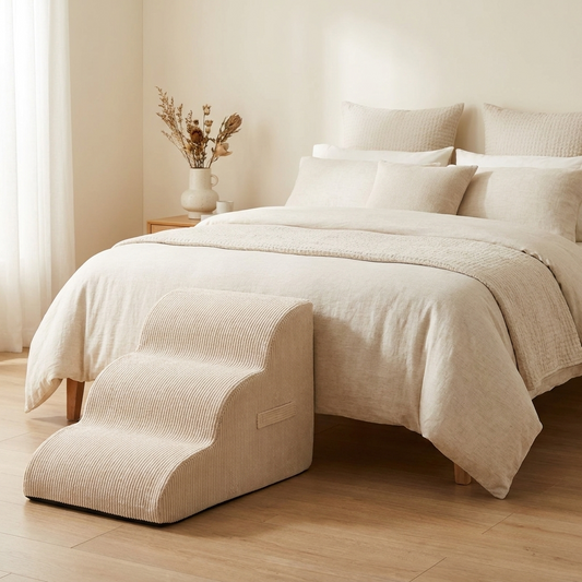 3-step pet stairs for high beds beside linen bed