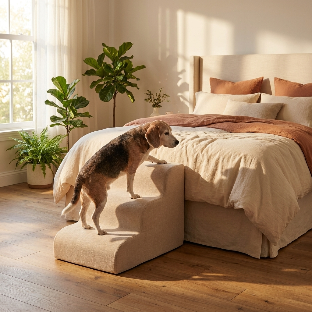 Senior beagle climbing 3-step pet stairs onto high bed