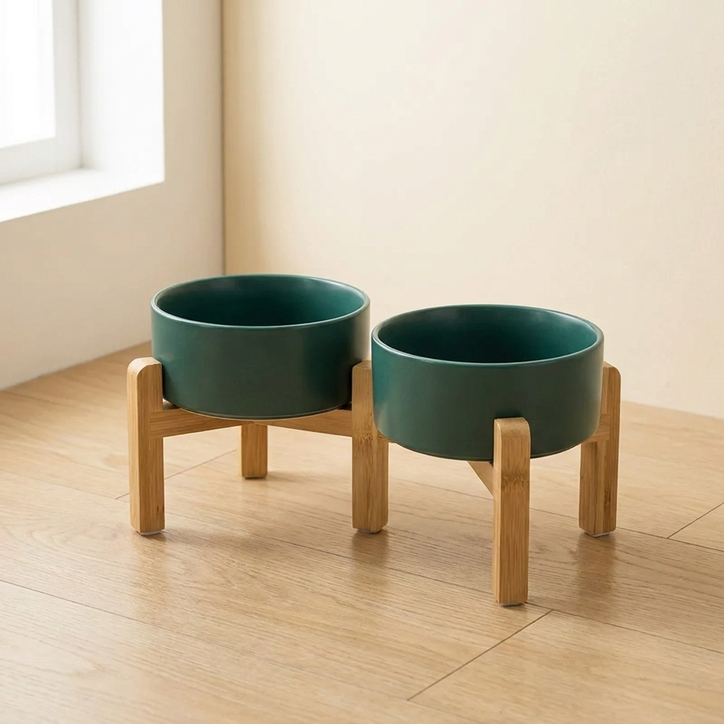 Raised ceramic double dog bowls on wooden feeding station