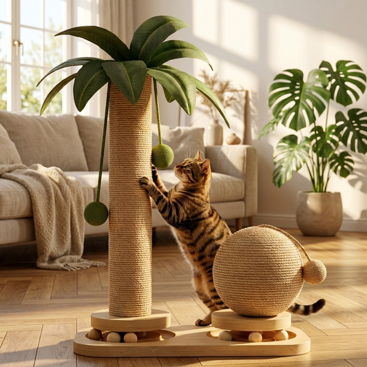 Cat scratching palm tree sisal post in Scandinavian living room