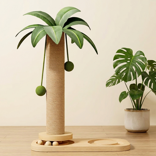 Palm tree cat scratching post in solid wood and sisal