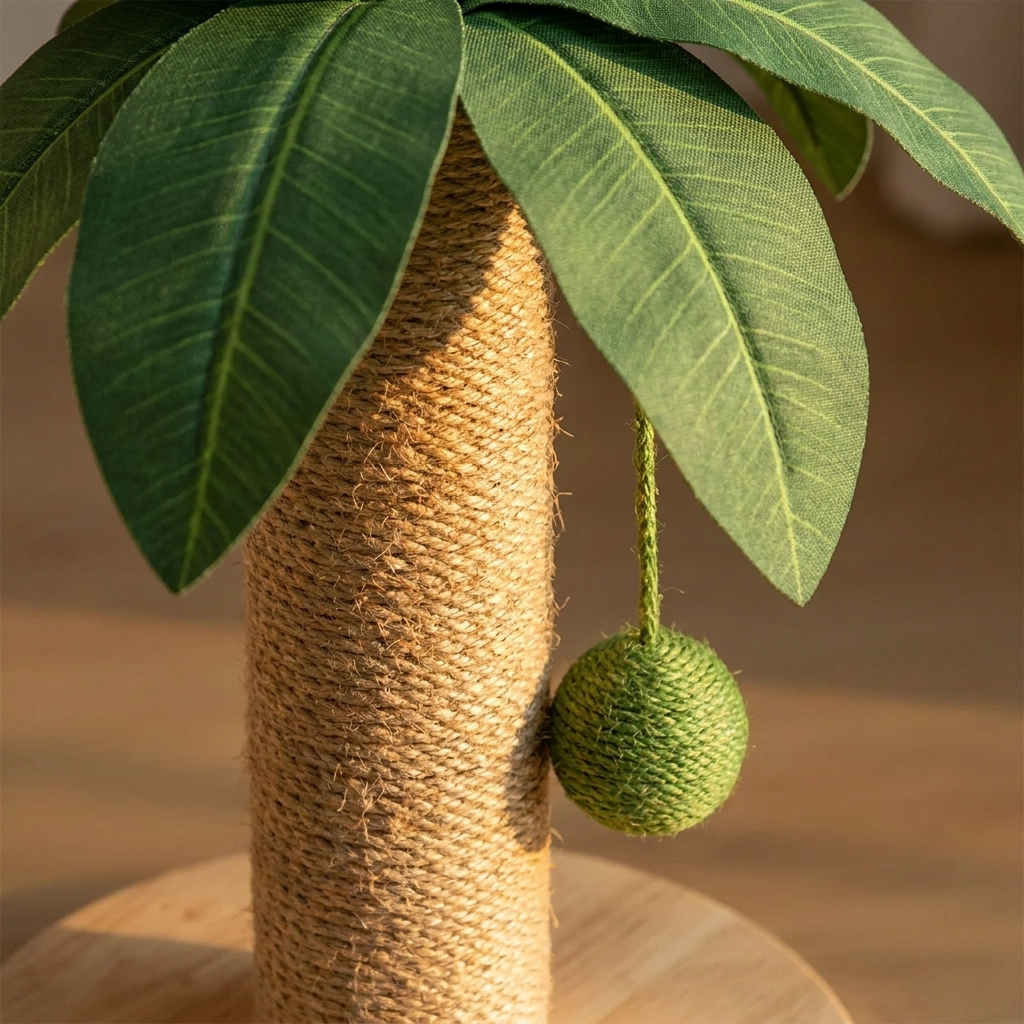 Close-up of sisal-wrapped trunk and fronds on palm cat tower