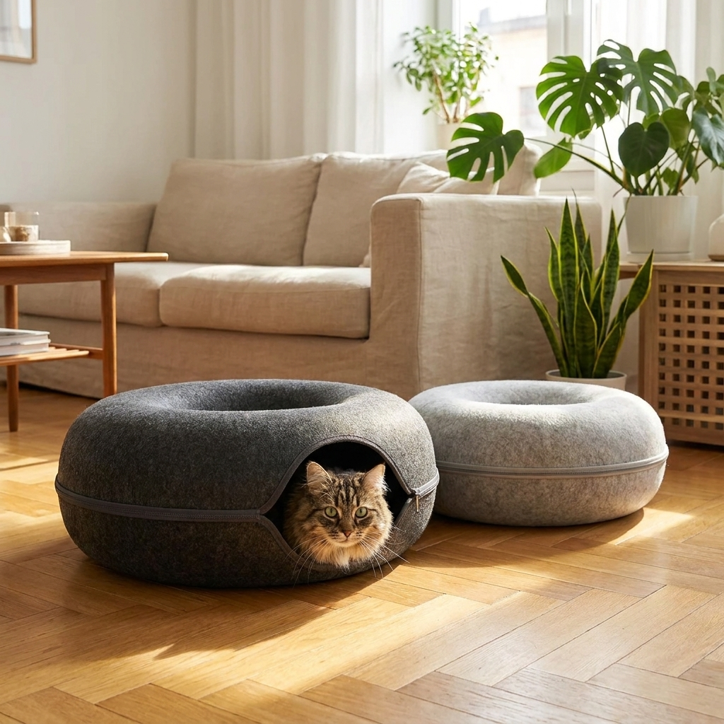 Cat peeking out of felt donut bed tunnel in sunny living room