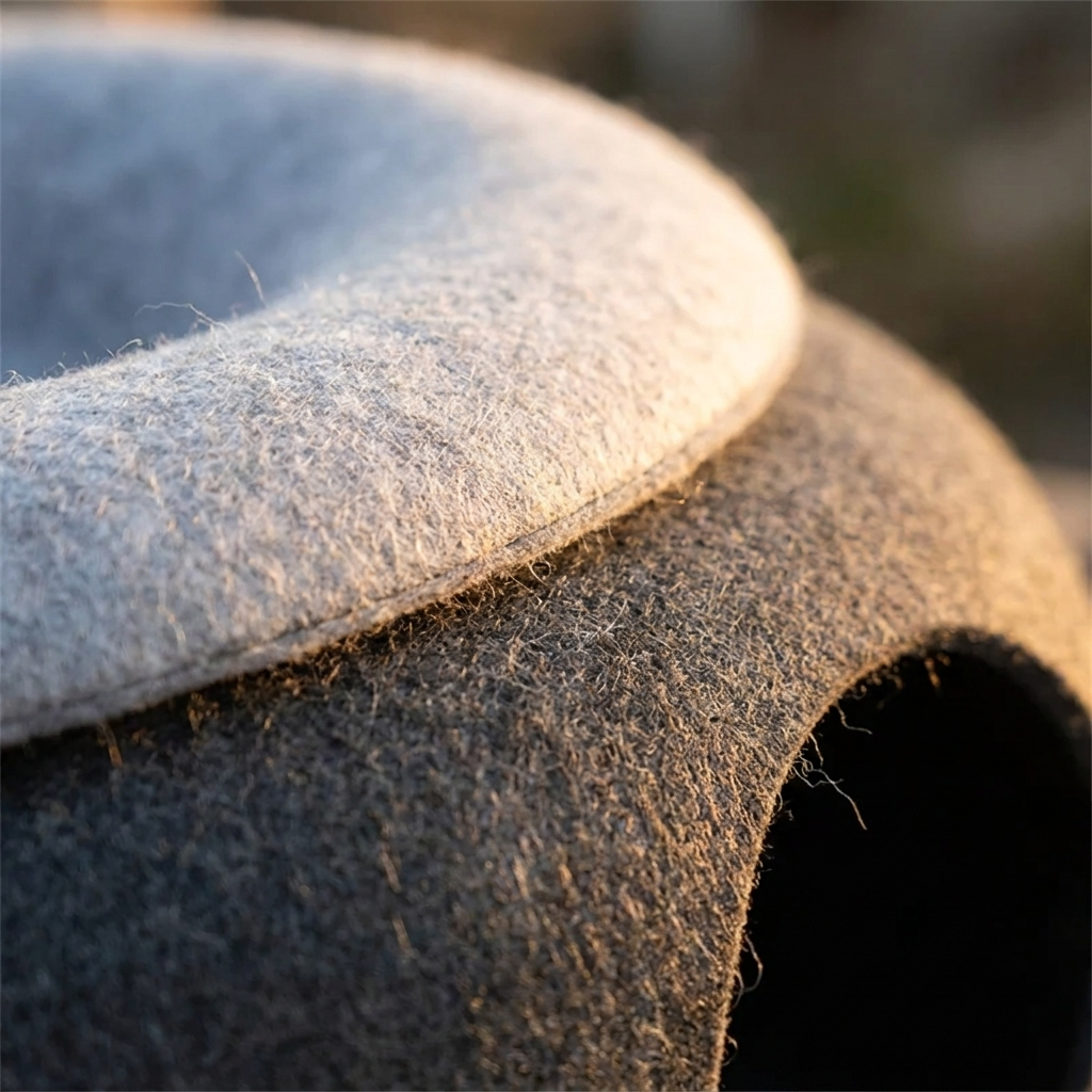 Close-up of dense wool-felt texture on donut cat bed