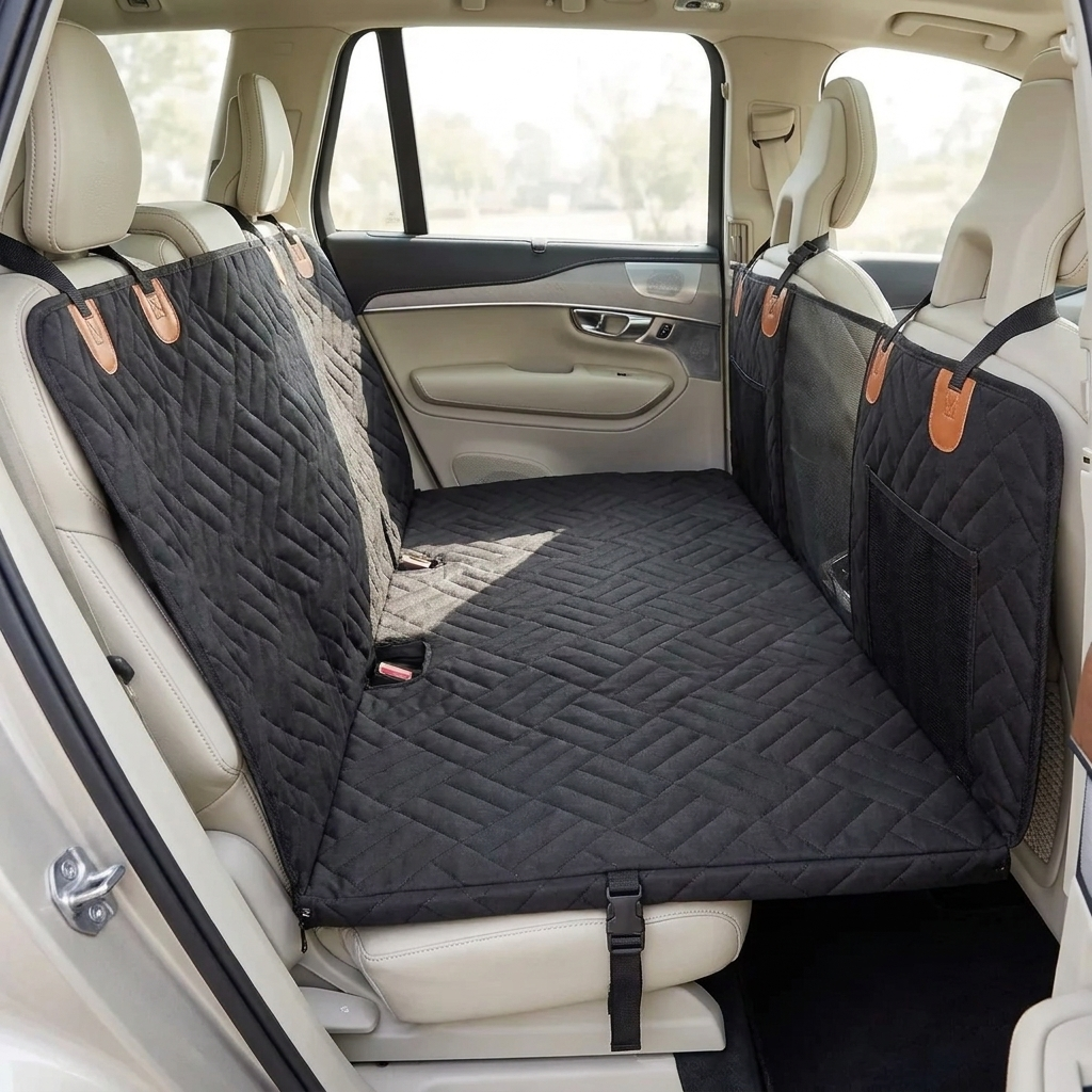 Hard-bottom dog car seat cover installed as back seat extender