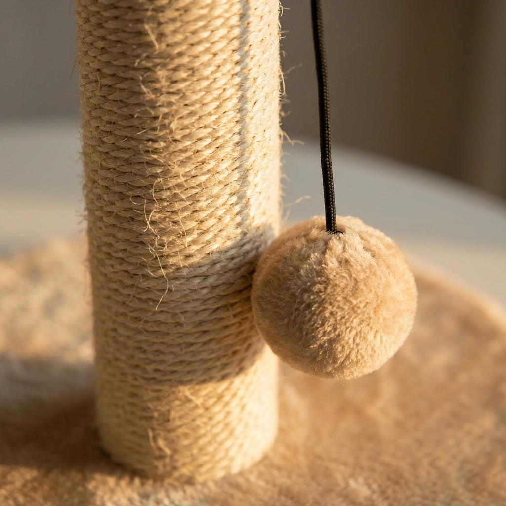 Close-up of natural sisal rope texture and hanging play ball