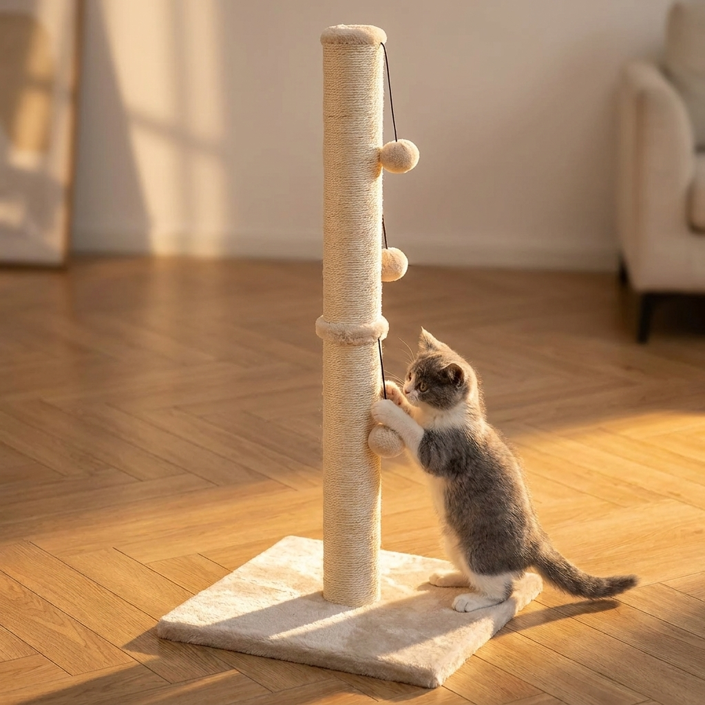 Three-quarter view of tall scratching post at golden hour with cat playing