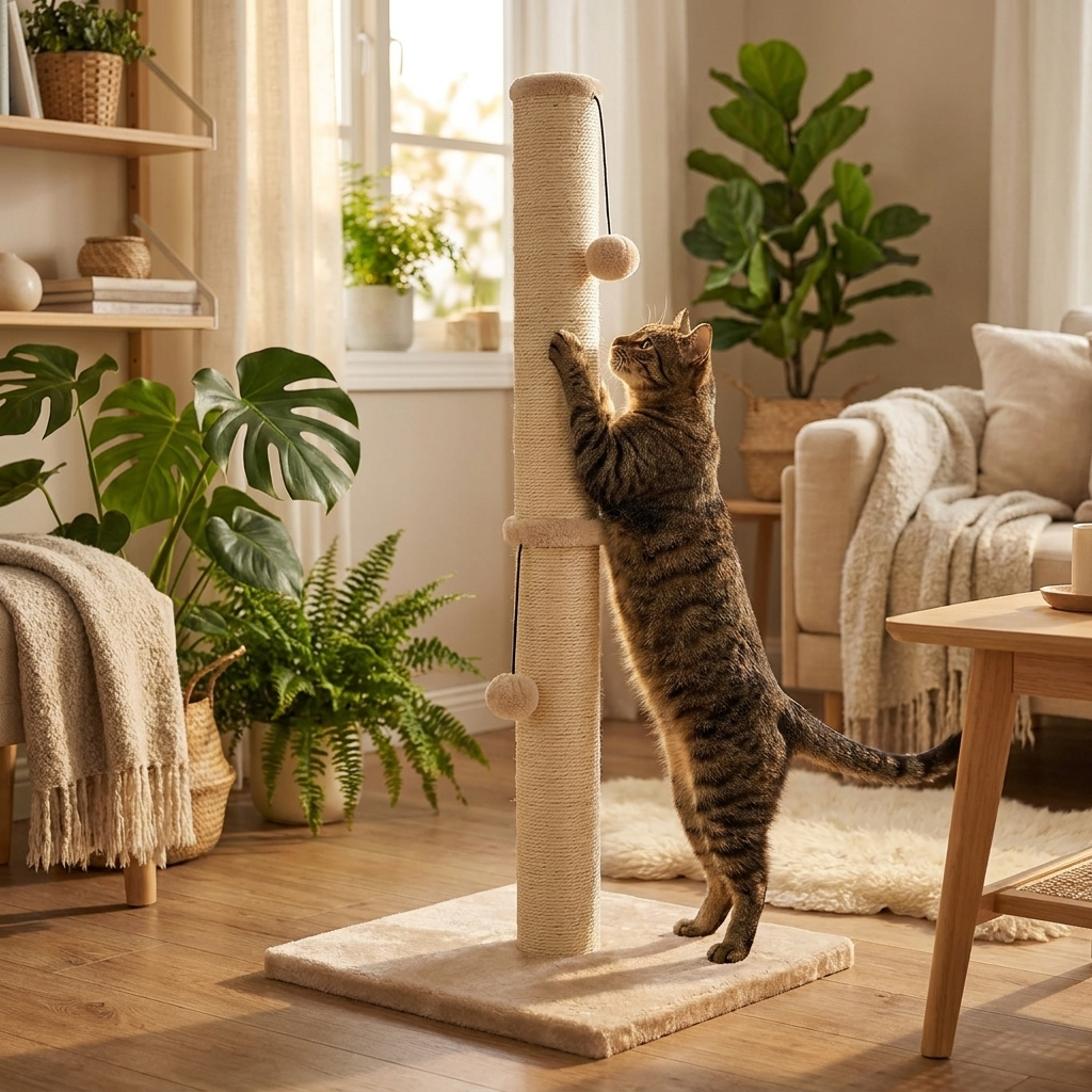 Tabby cat stretched tall scratching the sisal post in warm living room