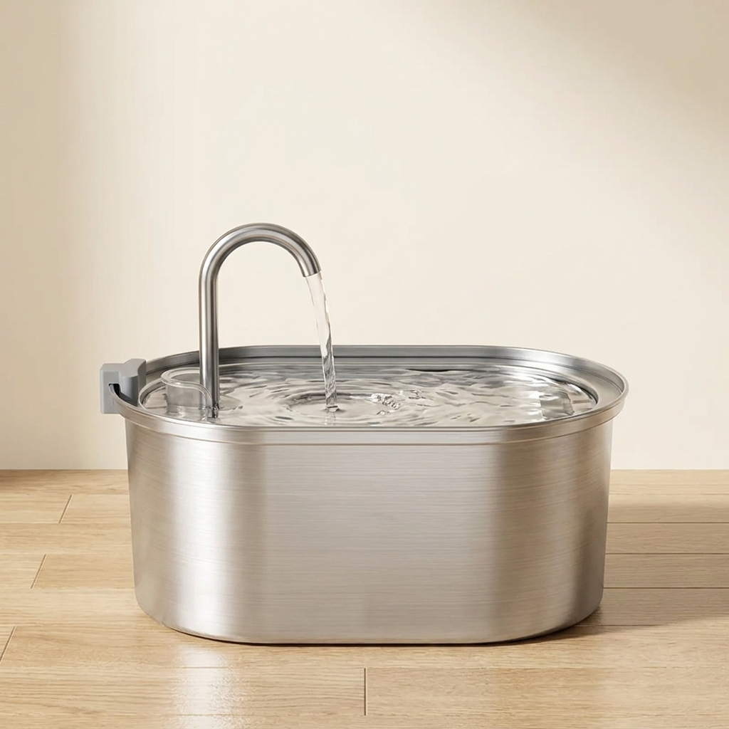 Smart pet water fountain front view against warm ivory wall on oak floor