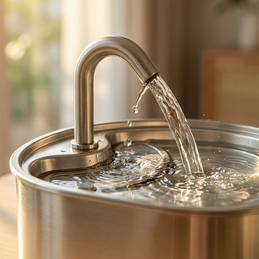 Close-up of fountain water spout and filter tray