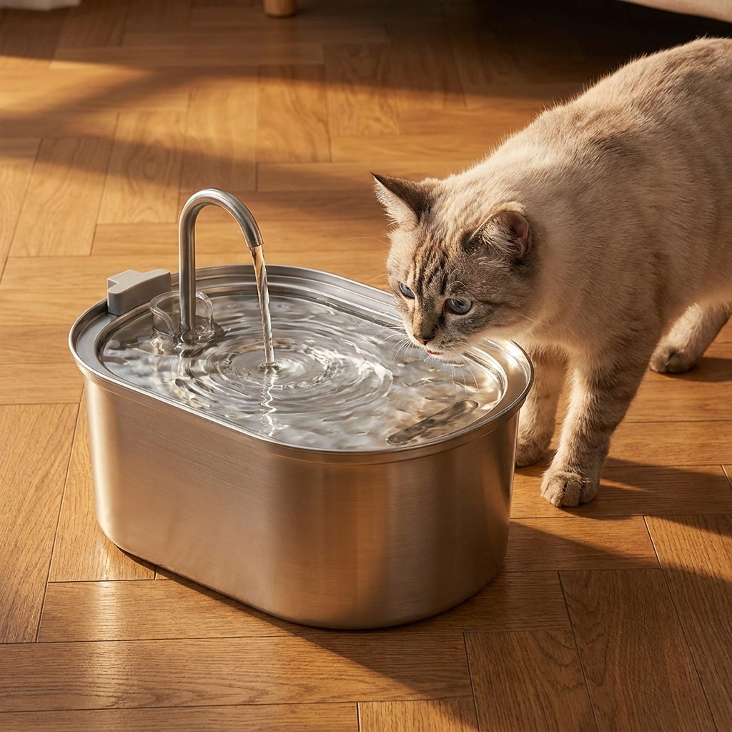 Three-quarter view of pet water fountain at golden hour with cat approaching