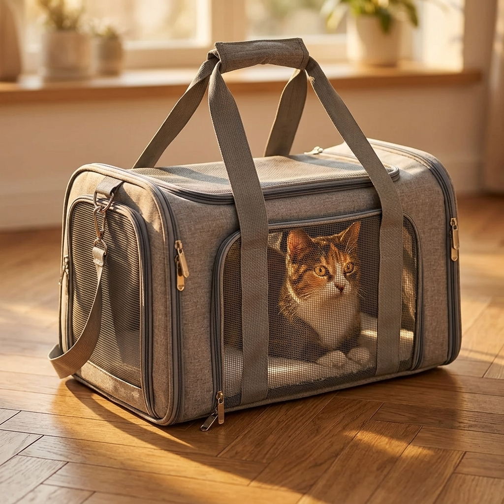 Three-quarter view of soft pet carrier at golden hour with cat looking out