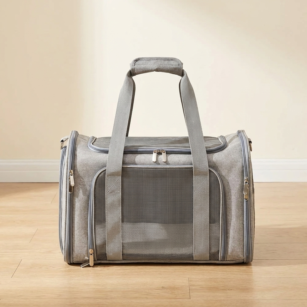 Soft-sided airline pet carrier backpack front view against warm ivory wall