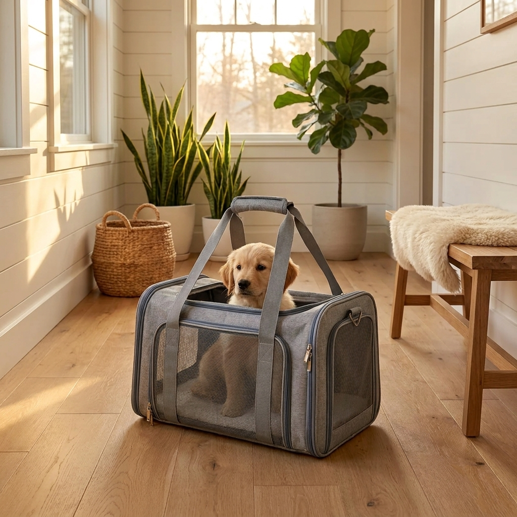 Small dog resting inside mesh-sided pet carrier in warm hallway