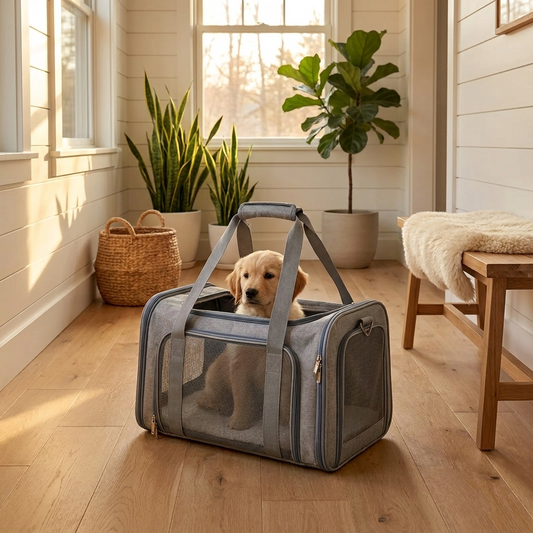 Small dog resting inside mesh-sided pet carrier in warm hallway