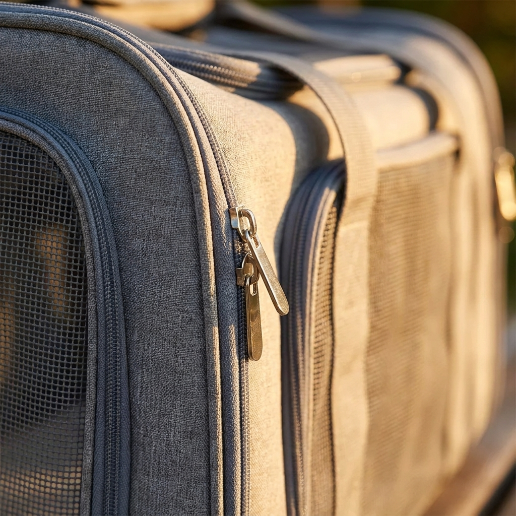 Close-up of carrier claw-defence mesh panel and reinforced zip