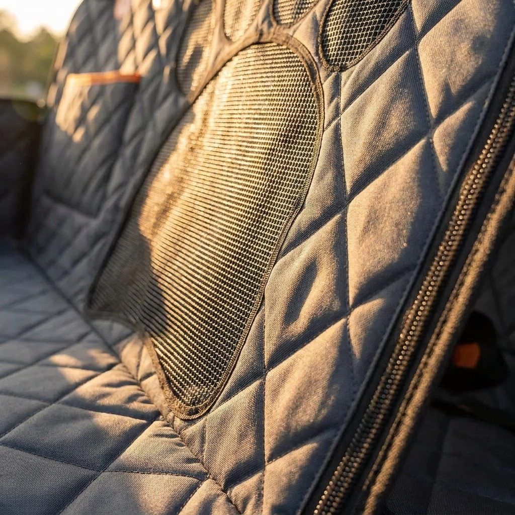 Close-up of hammock mesh viewing window and quilted waterproof fabric