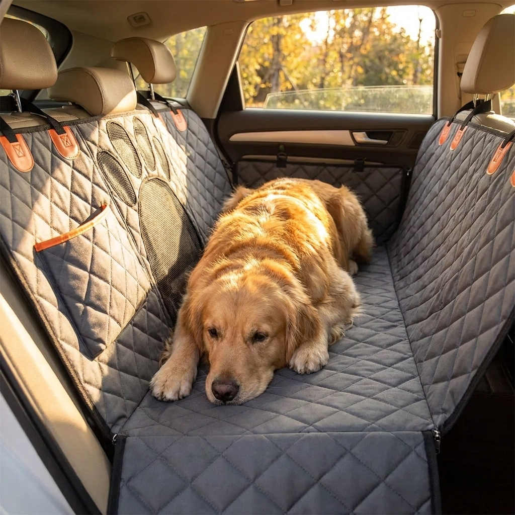 Golden retriever lying relaxed on the car hammock in warm light