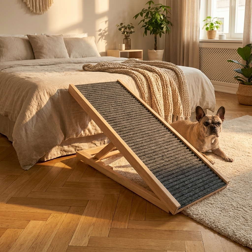 Three-quarter view of the adjustable folding wooden dog ramp set against a bed