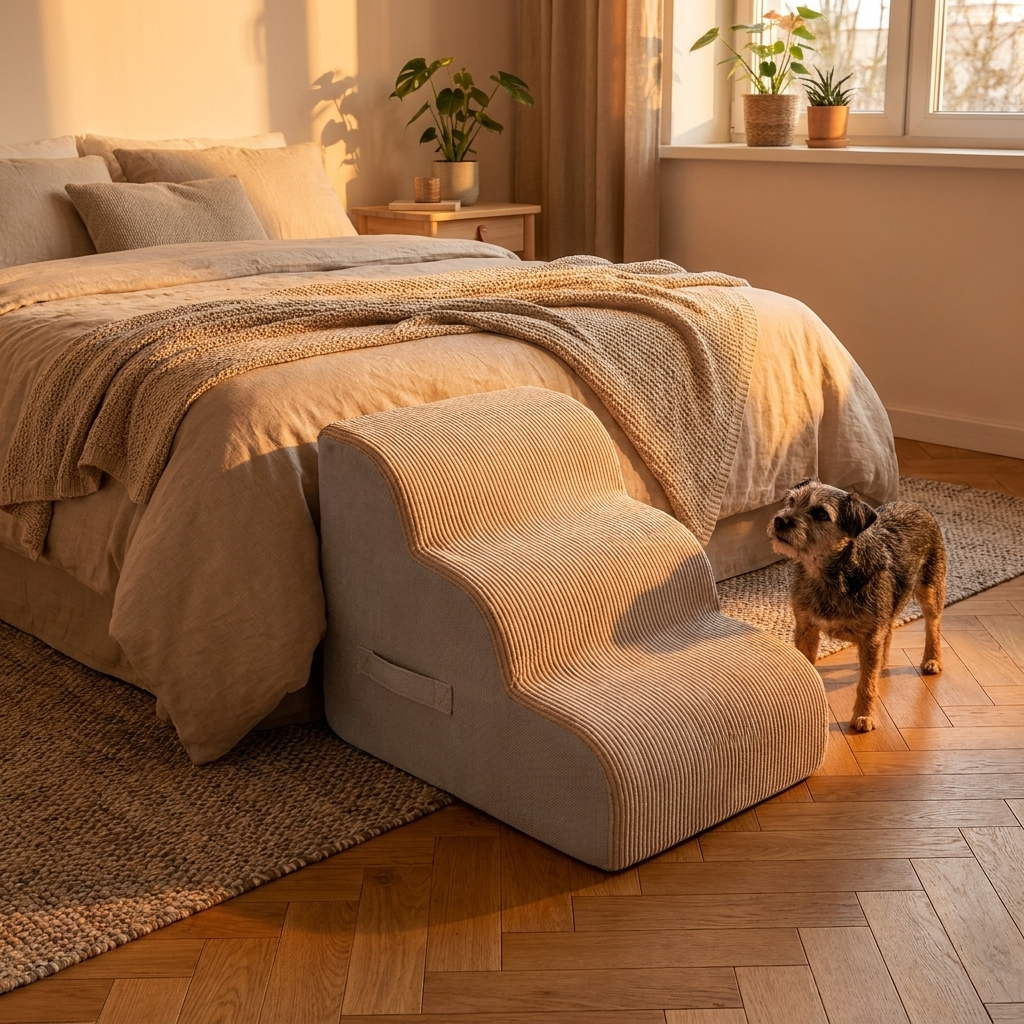 Three-quarter view of the 3-step pet stairs beside a bed at golden hour