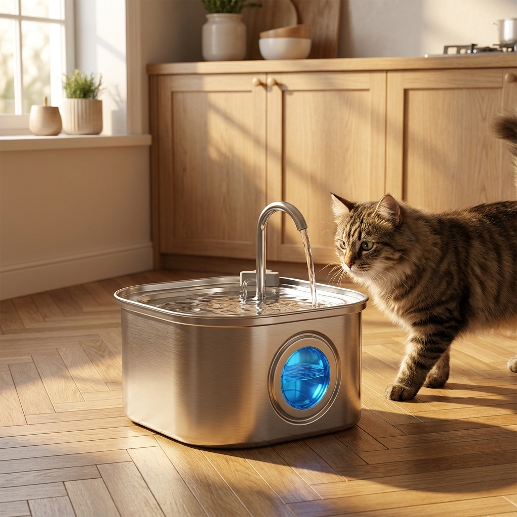 Three-quarter view of the stainless steel sensor cat water fountain at golden hour