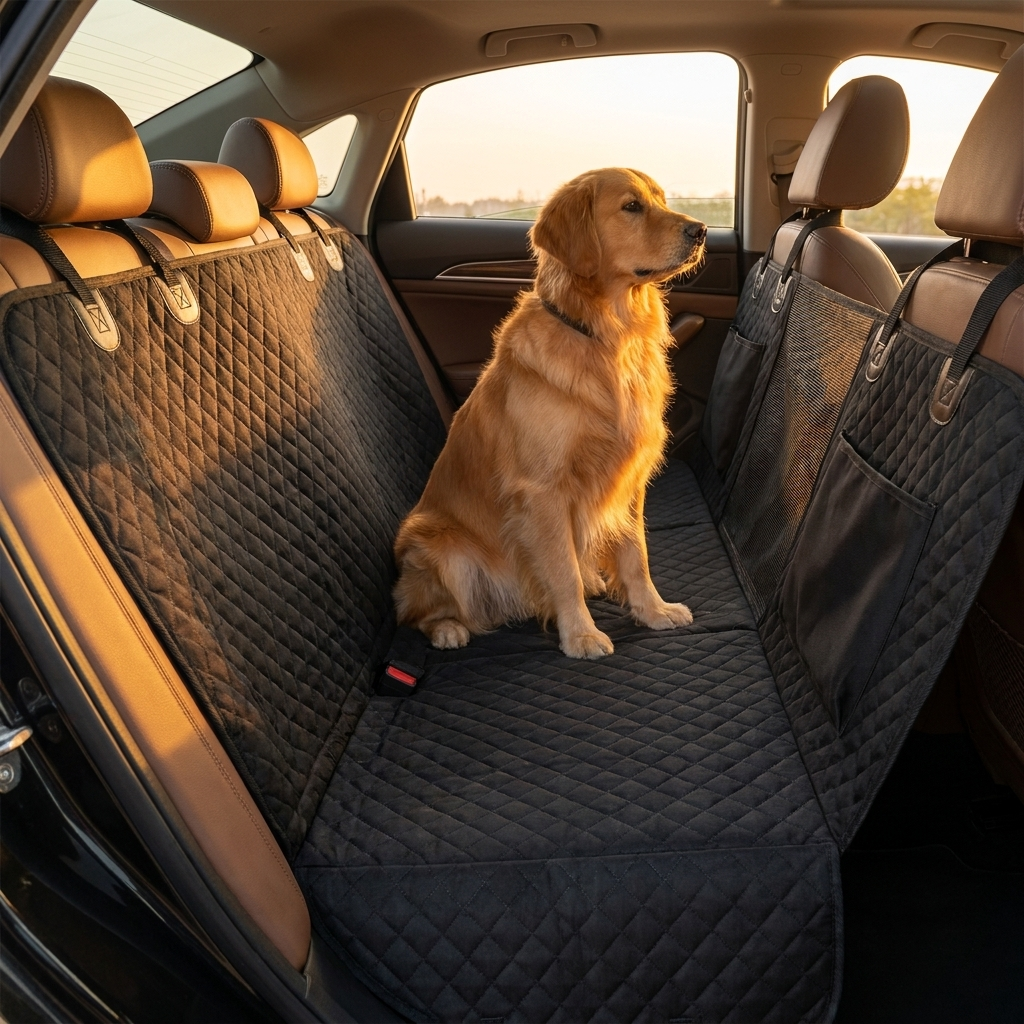 Three-quarter view of the hard-bottom dog car seat cover installed across a back seat