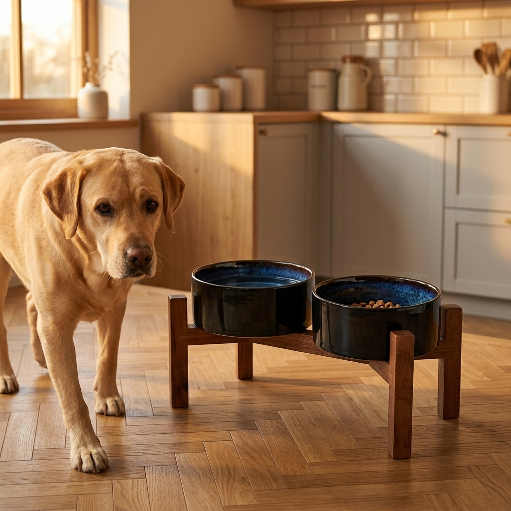 Three-quarter view of elevated ceramic double pet bowls on solid wood stand at golden hour