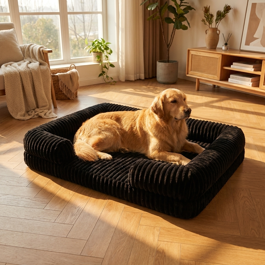 Three-quarter view of the extra-large orthopedic memory foam dog bed with a large dog resting