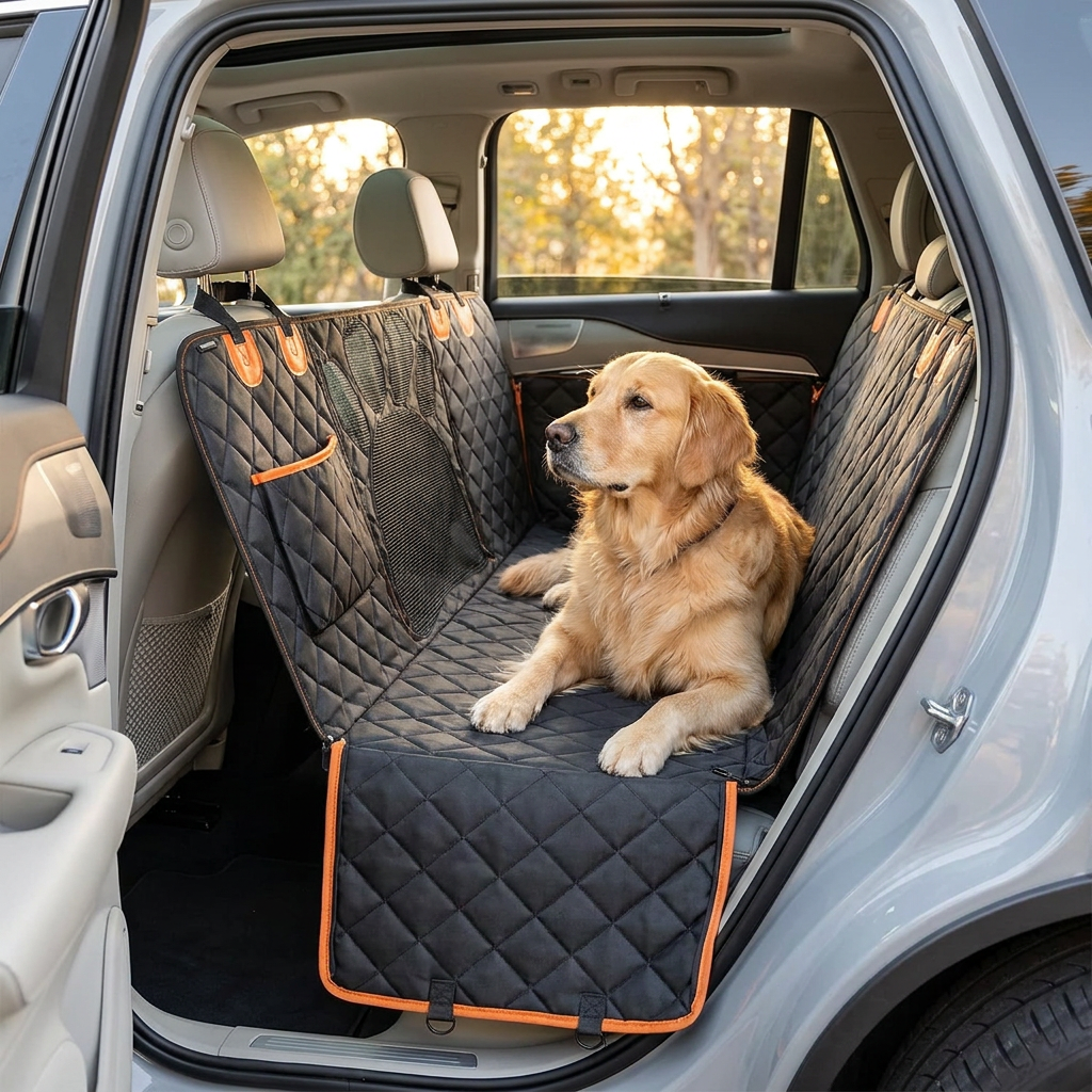 Waterproof dog car hammock in a light SUV back seat at golden hour with a golden retriever resting on it
