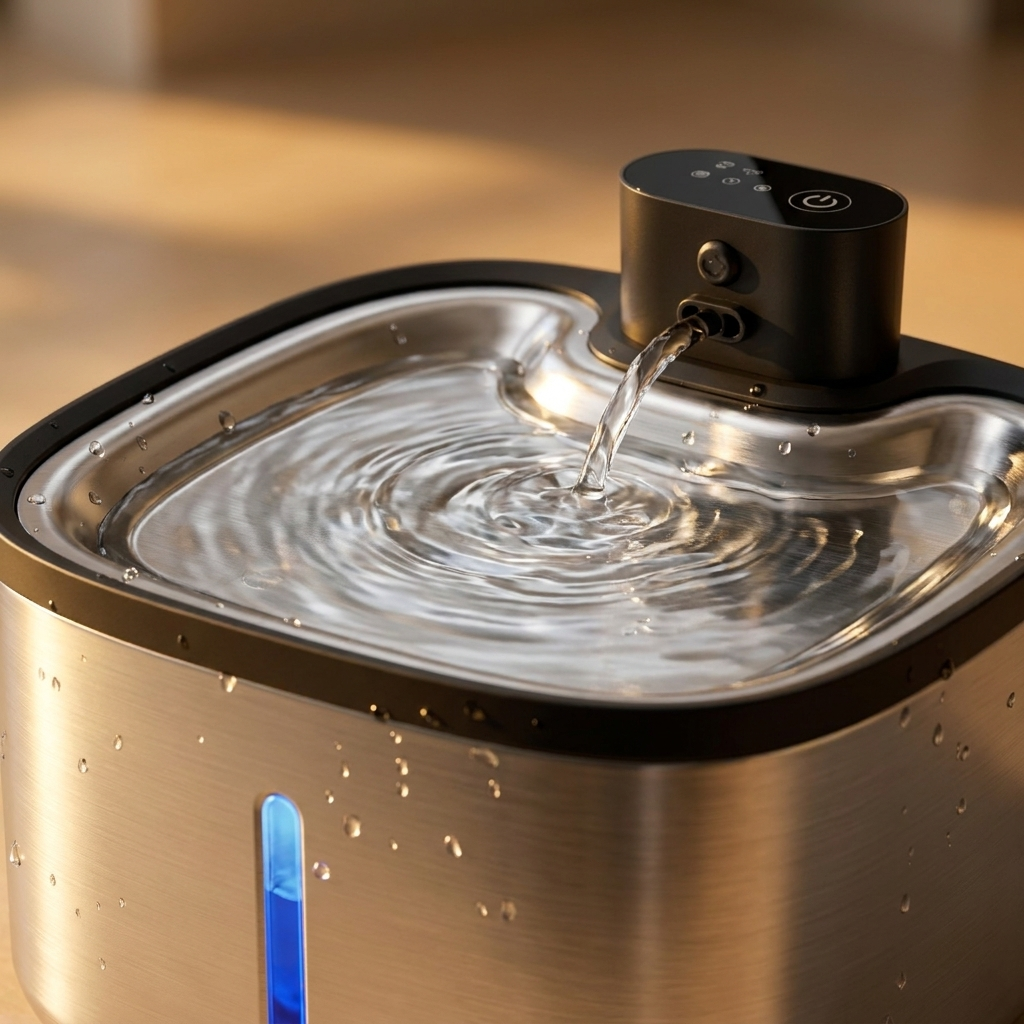 Close up of flowing water over the stainless drinking surface