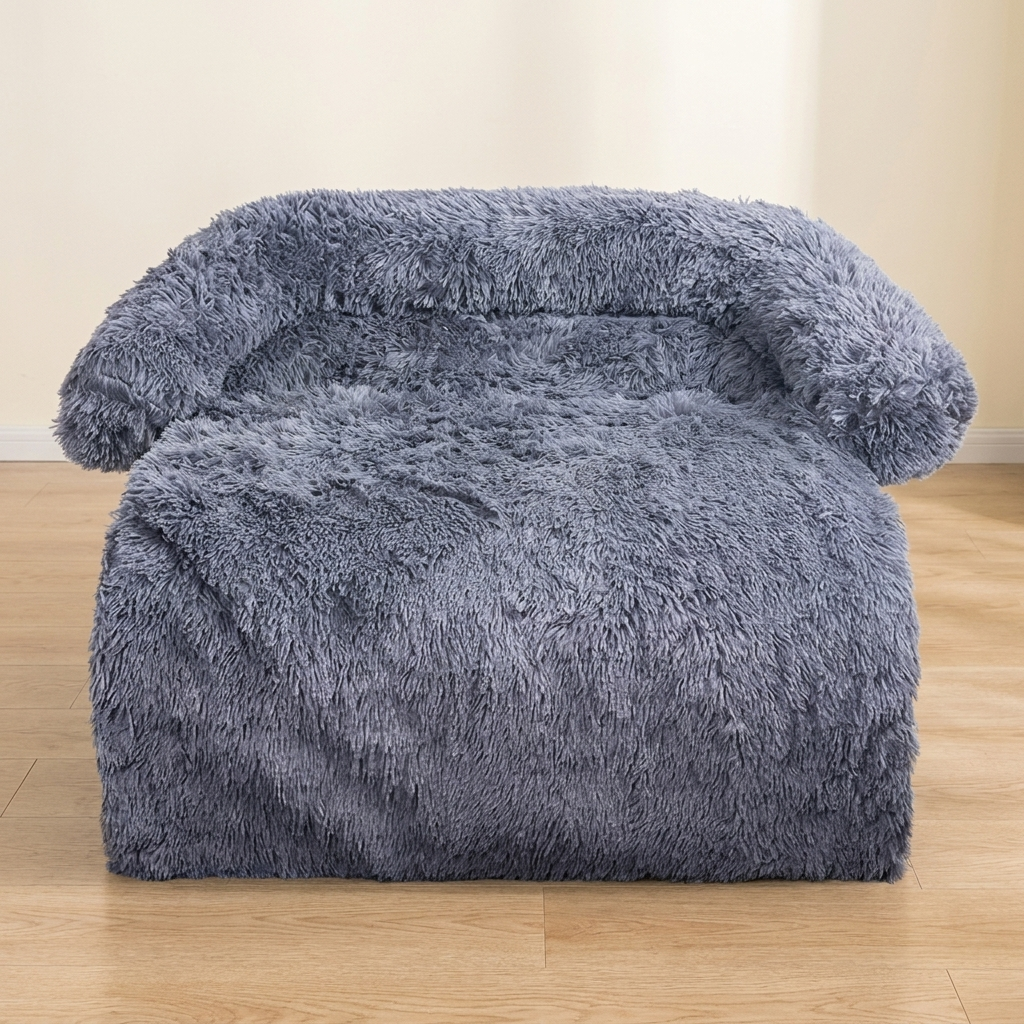 Plush bolstered dog sofa bed in a bright Scandinavian room