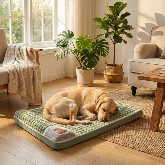 Labrador asleep on the orthopedic memory foam dog bed in a warm living room