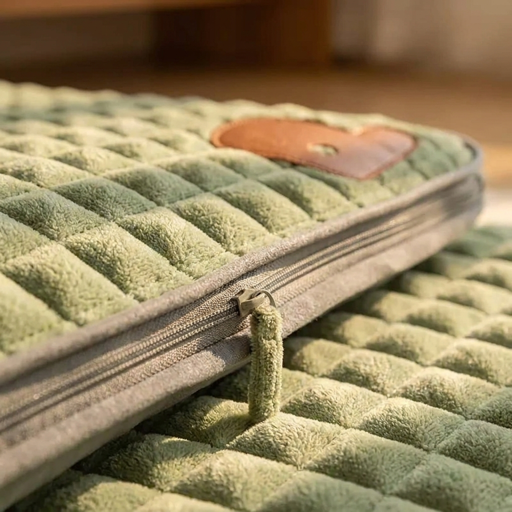 Close up of the zip and quilted washable cover of the dog bed